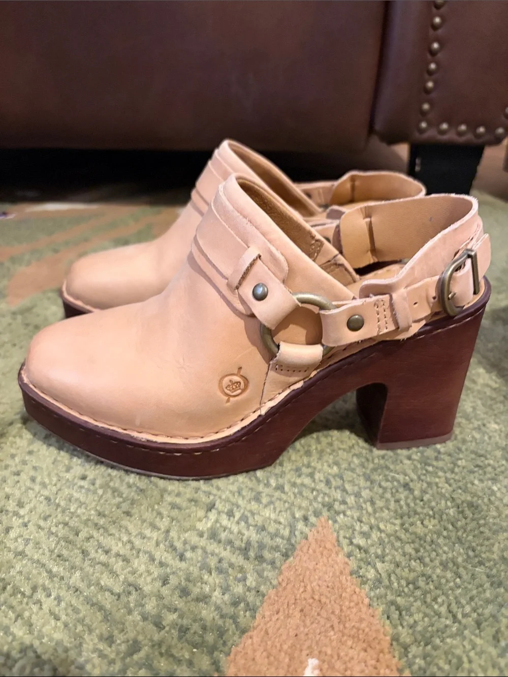 Born Nude/Tan Leather Platform Clog Heels with Buckle Detail